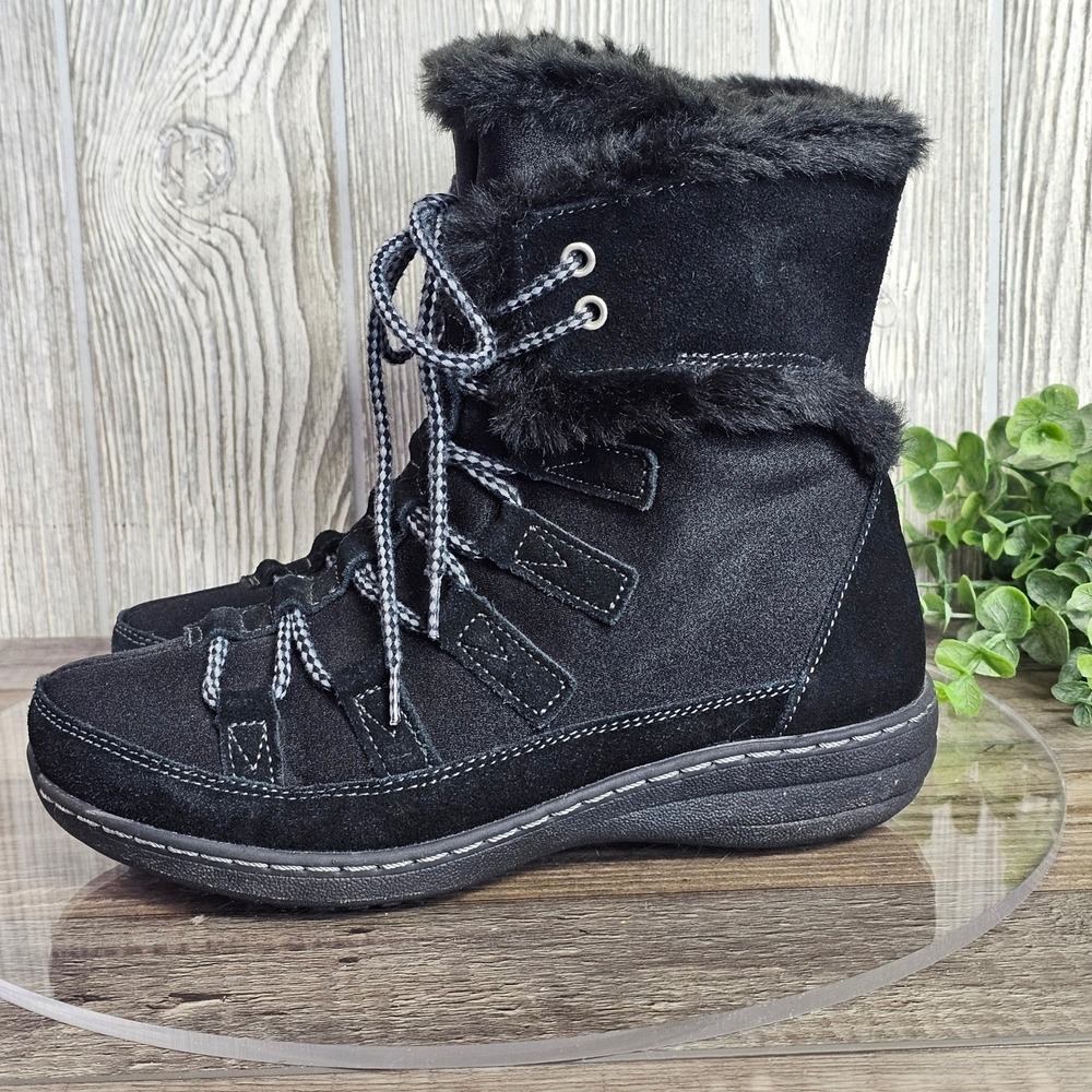 Aetrex BB160W Women's Black Faux Fur Lace-Up Winter‎ Boots Size 7 Slip Resistant